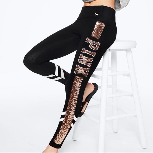 VS PINK Yoga Leggings - Black With Gold Bling Sequins - Medium - Picture 1 of 12
